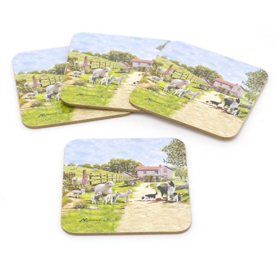 Kitchen & Dining Carousel Shop | Set Of 4 Country Farmhouse Coasters | Collie & Sheep Drink Coasters Set | Countryside Cup Mug Table Mats