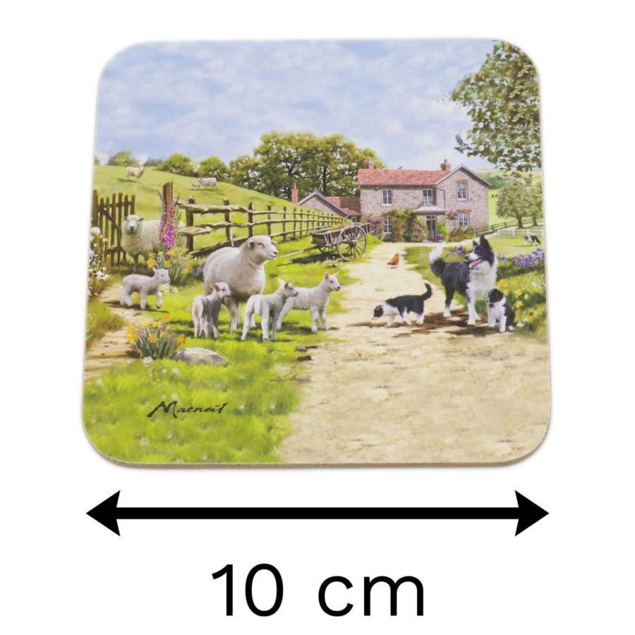 Kitchen & Dining Carousel Shop | Set Of 4 Country Farmhouse Coasters | Collie & Sheep Drink Coasters Set | Countryside Cup Mug Table Mats