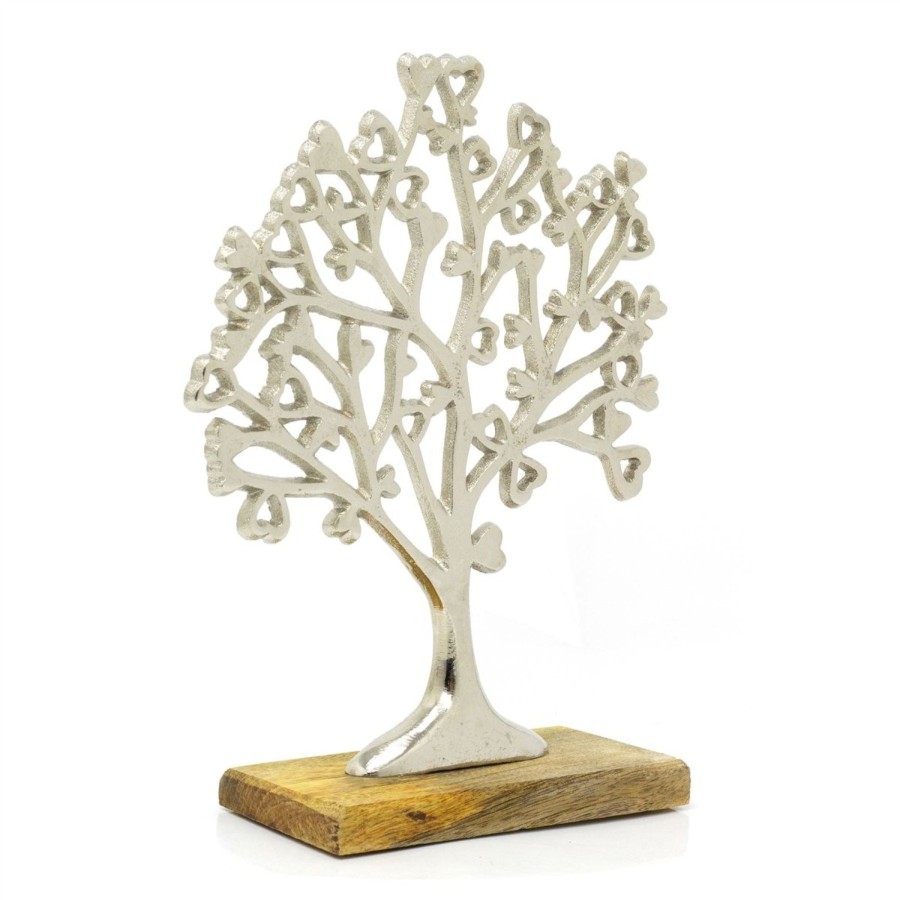 Home Accessories Carousel Shop Ornaments | Small Elegant Silver Metal Tree Of Love Ornament On Mango Wood Base - 26.5Cm