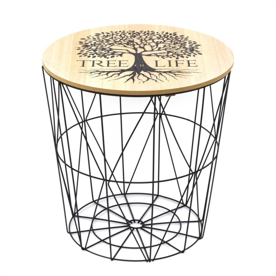 Home Accessories Carousel Shop Side Tables | Tree Of Life Wooden Top Black Metal Occasional Side Table | Coffee Table With Storage | Living Room Side Tables Wire End Table