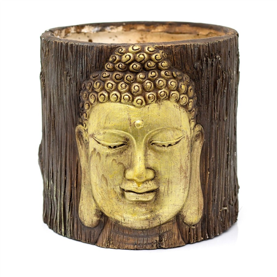 Home Accessories Carousel Shop Planters & Pots | Large Tree Stump Planter With Buddha | Gold Buddha Head Tree Trunk Plant Pot