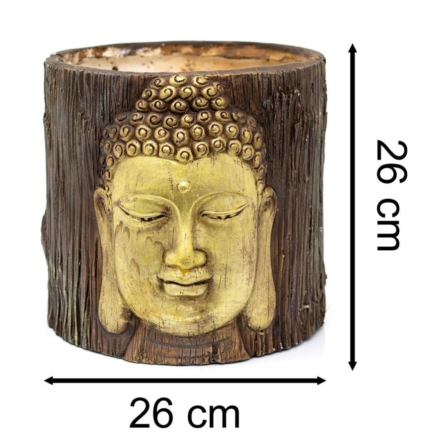 Home Accessories Carousel Shop Planters & Pots | Large Tree Stump Planter With Buddha | Gold Buddha Head Tree Trunk Plant Pot