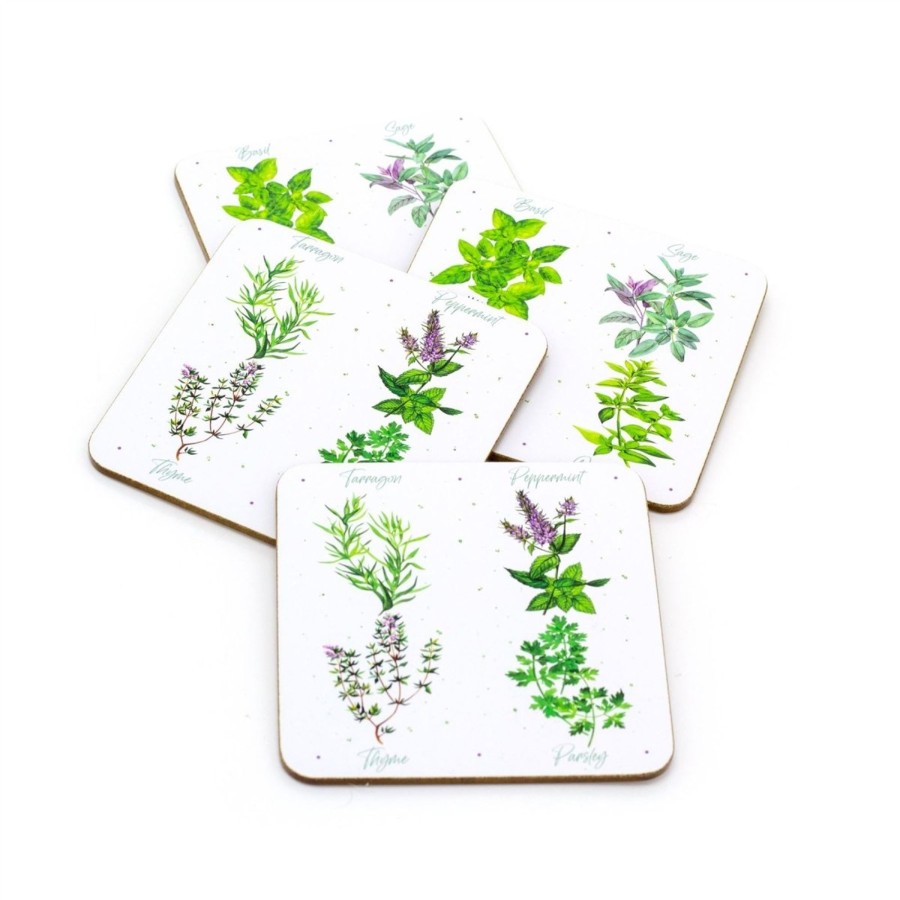 Kitchen & Dining Carousel Shop | The Herb Garden - Set Of 4 Drinks Coasters | 4 Piece Square Drinks Coaster Set