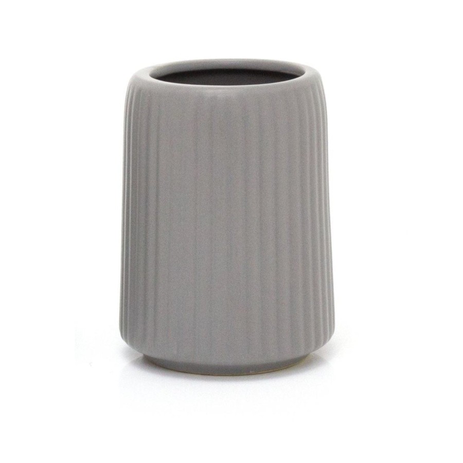 Home Accessories Carousel Shop Bathroom Accessories | Contemporary Ridged Matt Grey Ceramic Toothbrush Holder | Bathroom Tumbler Caddy