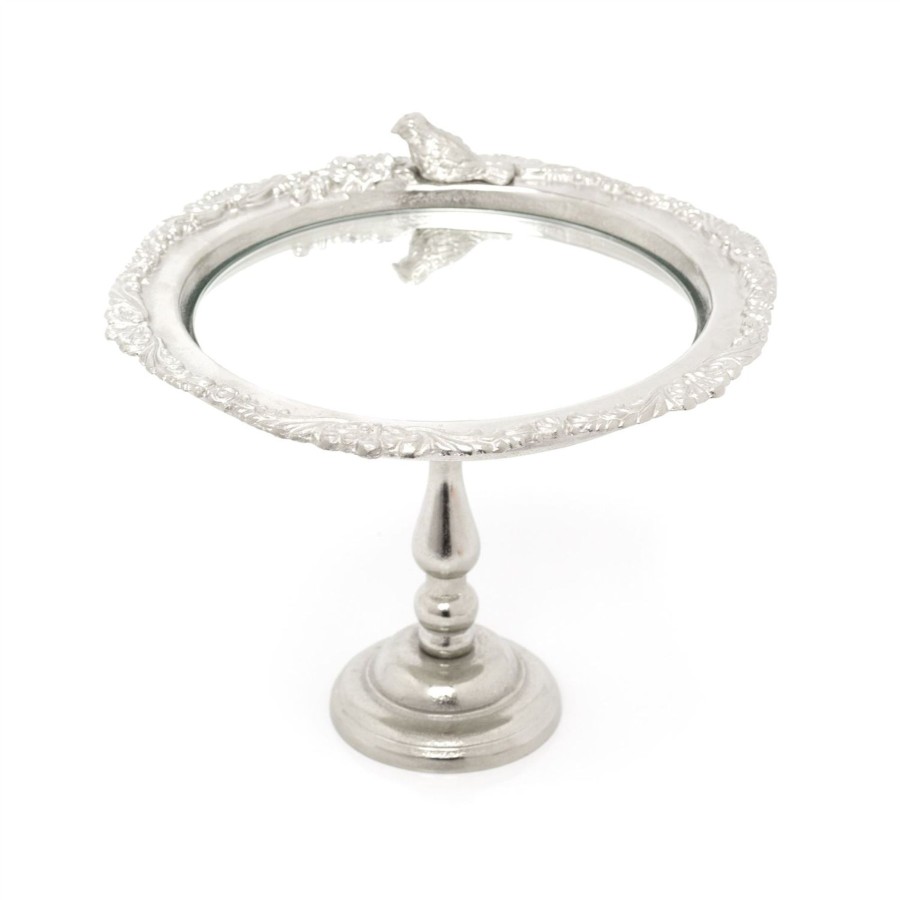 Home Accessories Carousel Shop Candle Plates | Decorative Silver Mirrored Stand With Bird | Pedestal Mirror Display Stand Plate Dish | Ornate Silver Metal Candle Tray