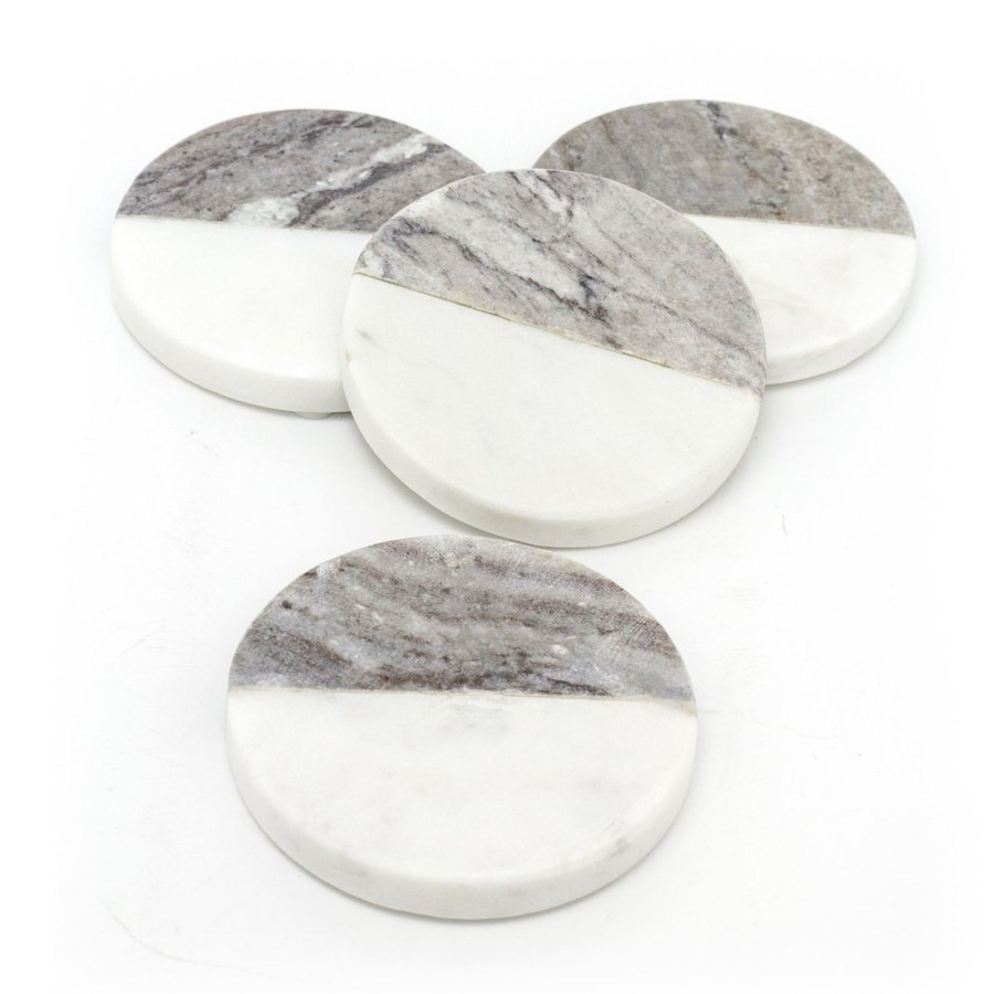 Kitchen & Dining Carousel Shop | Set Of 4 Two Tone Natural Marble Coasters For Drinks ~ Round