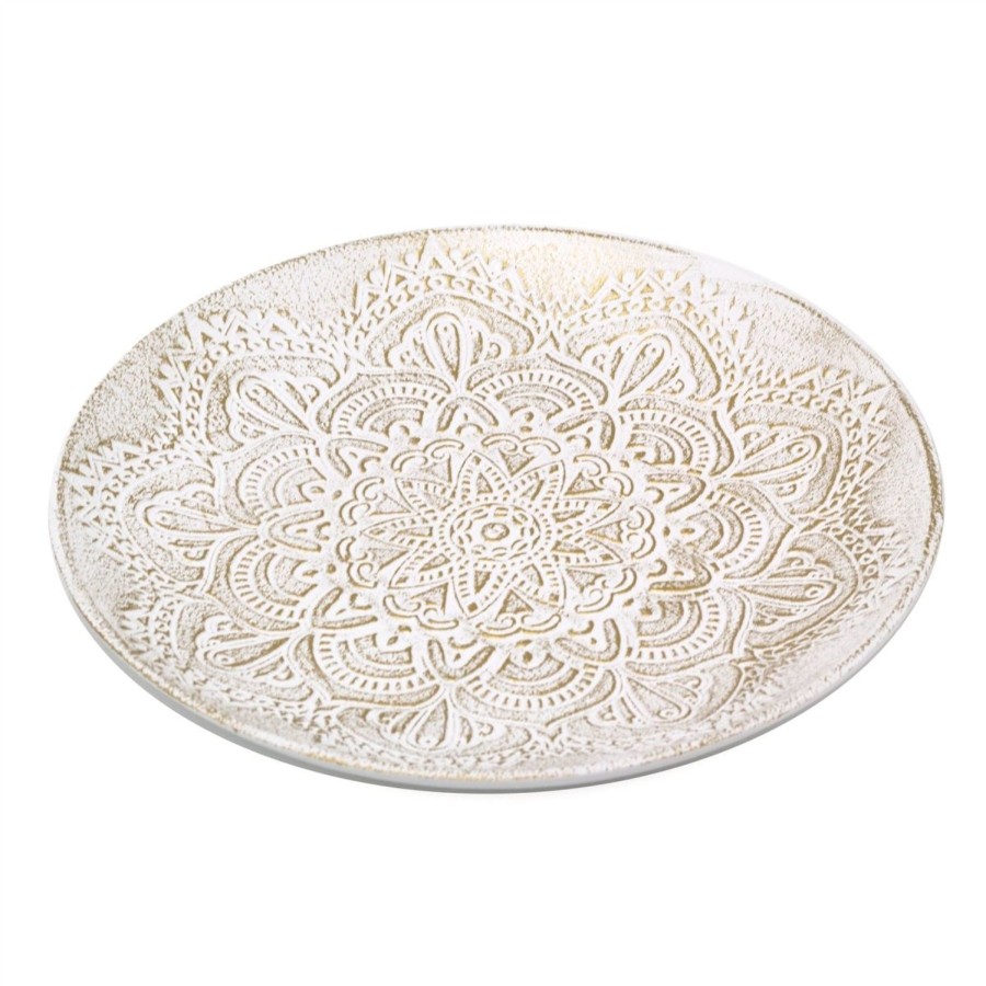 Home Accessories Carousel Shop Decorative Accessories | White & Gold Mandala Flower Serving Tray | Rustic Wooden Coffee Table Tray