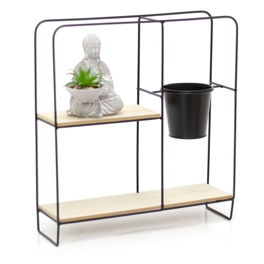 Home Accessories Carousel Shop Shelving & Hooks | Freestanding Black Metal Shelf Unit With Pot And Buddha Statue | Storage Organiser Table Display Shelves | Standing Desktop Shelves - Square