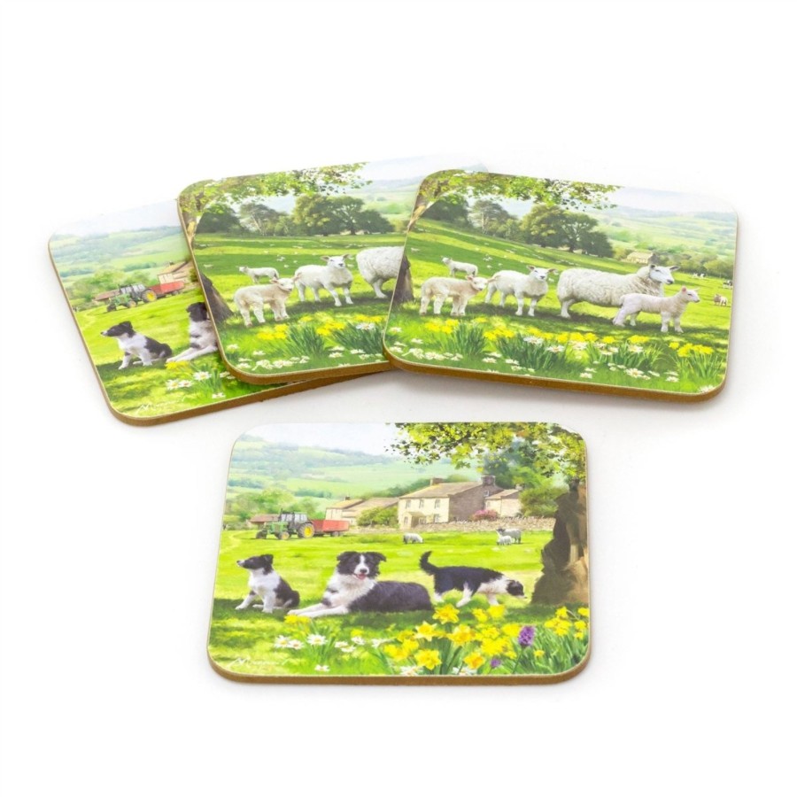 Kitchen & Dining Carousel Shop | Set Of 4 Country Farmhouse Border Collie And Sheep Cork Coasters | 4 Piece Collie & Sheep Drink Coasters Set | Square Cup Mug Table Mats