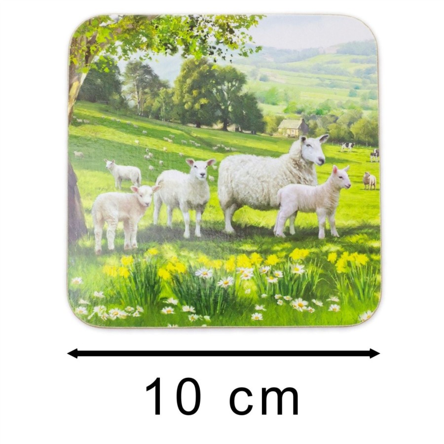 Kitchen & Dining Carousel Shop | Set Of 4 Country Farmhouse Border Collie And Sheep Cork Coasters | 4 Piece Collie & Sheep Drink Coasters Set | Square Cup Mug Table Mats