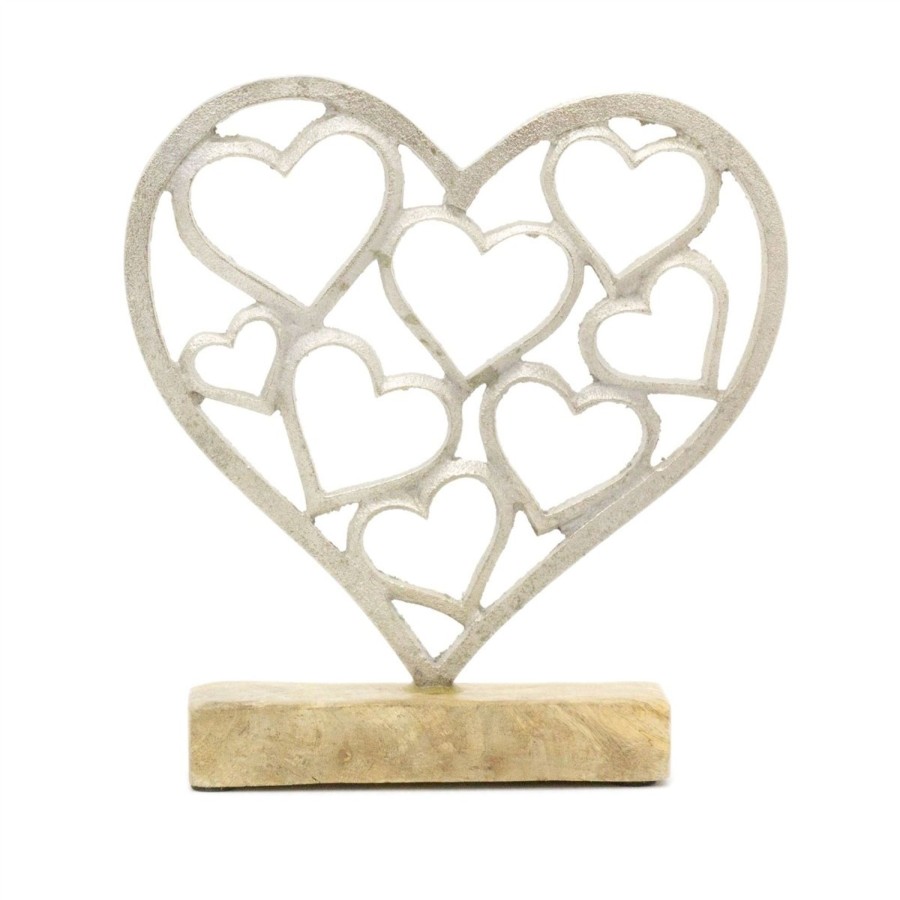 Home Accessories Carousel Shop Ornaments | Elegant Silver Metal Love Heart Ornament | Silver Hearts On Wooden Base Sculpture | Anniversary Wedding Gifts