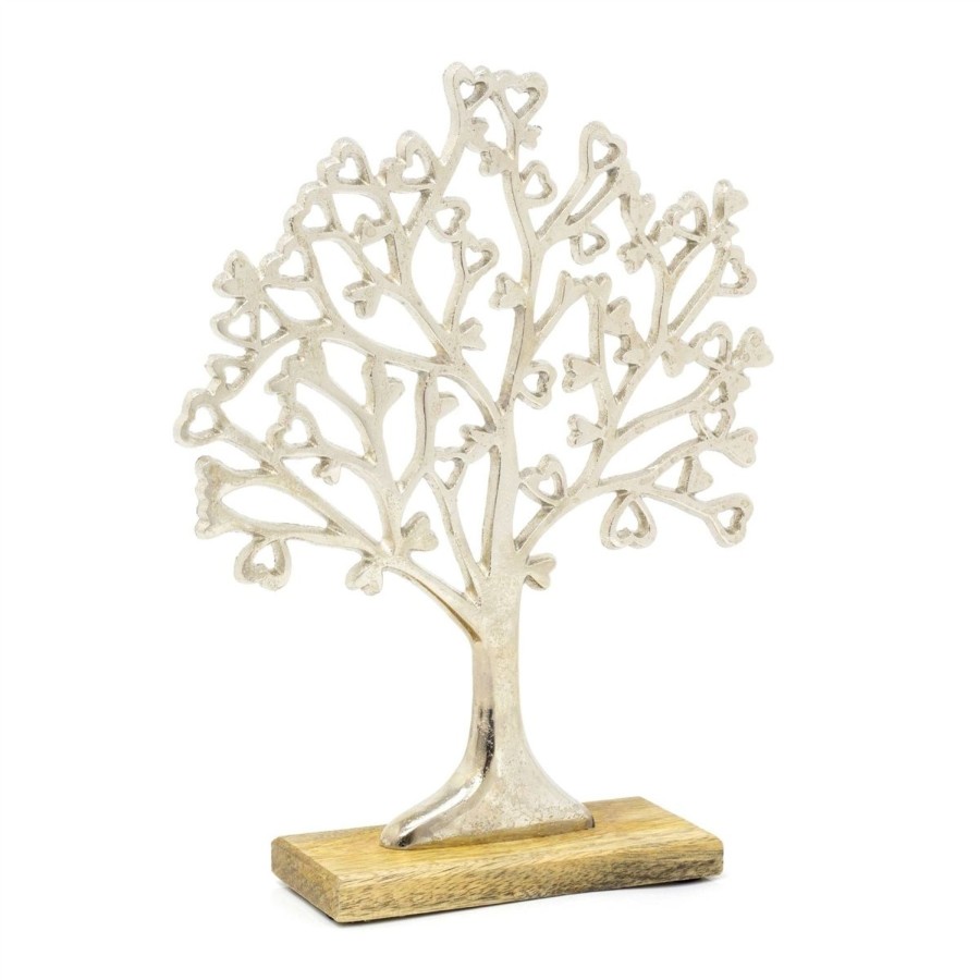 Home Accessories Carousel Shop Decorative Accessories | Medium Elegant Silver Metal Tree Of Love Ornament On Mango Wood Base - 34Cm