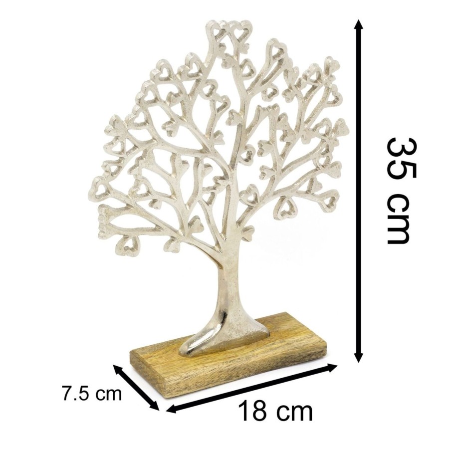 Home Accessories Carousel Shop Decorative Accessories | Medium Elegant Silver Metal Tree Of Love Ornament On Mango Wood Base - 34Cm