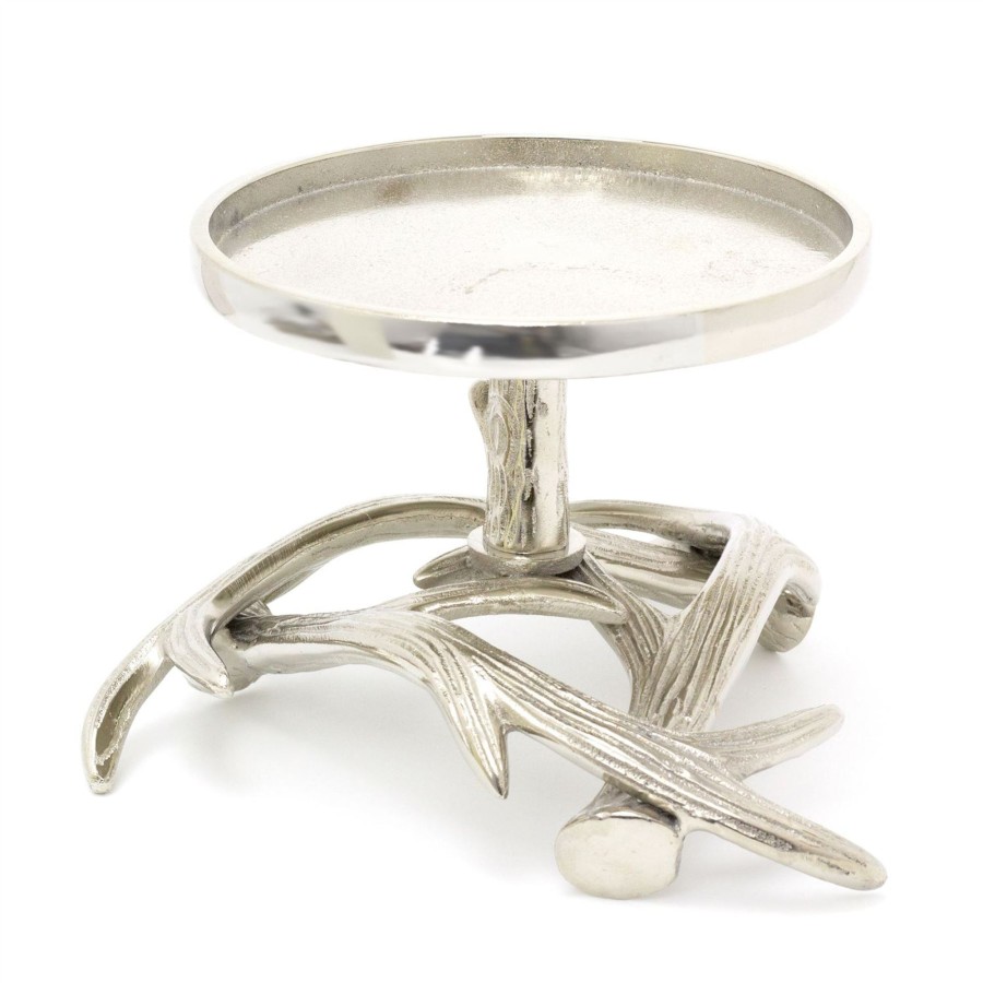 Home Accessories Carousel Shop Candle Plates | Majestic Aluminium Stag Antlers Candle Holder | Silver Metal Pillar Candlestick Decoration | Christmas Wedding Table Centerpiece