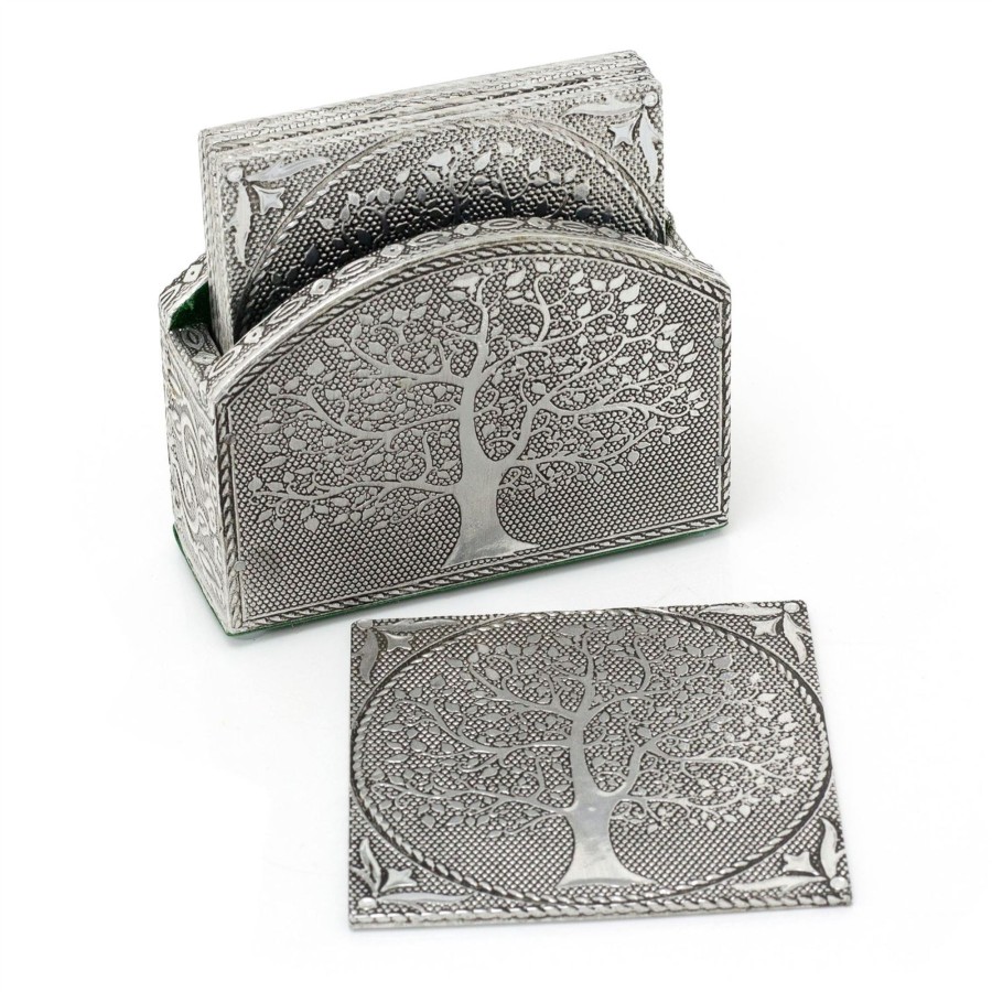 Kitchen & Dining Carousel Shop | Tree Of Life Set Of 6 Coasters In Holder | Family Coasters With Holder Cup Mug Table Mats | Square Embossed Aluminium Drinks Coaster Set