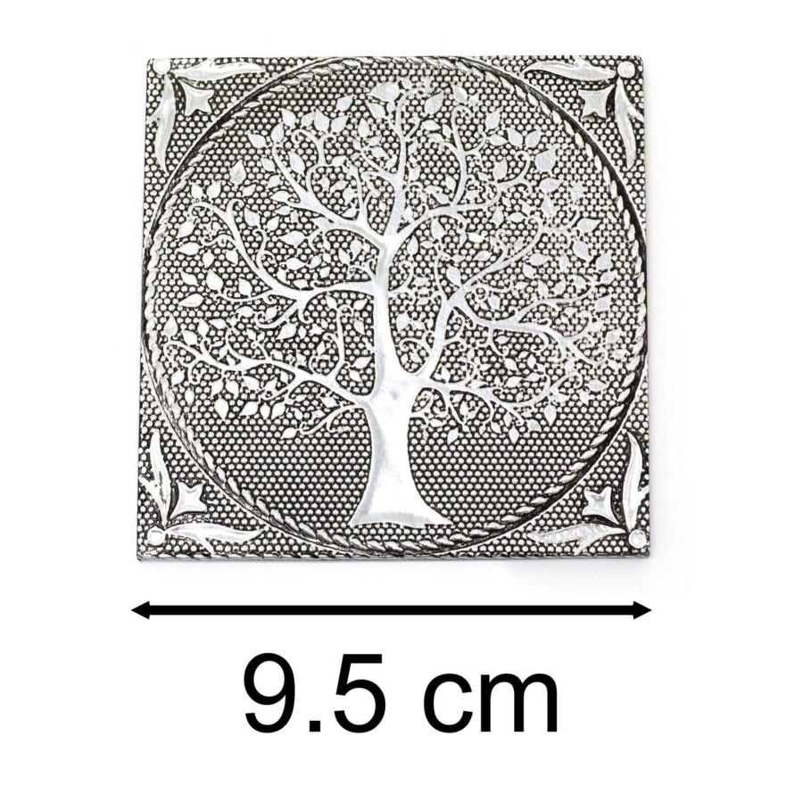 Kitchen & Dining Carousel Shop | Tree Of Life Set Of 6 Coasters In Holder | Family Coasters With Holder Cup Mug Table Mats | Square Embossed Aluminium Drinks Coaster Set