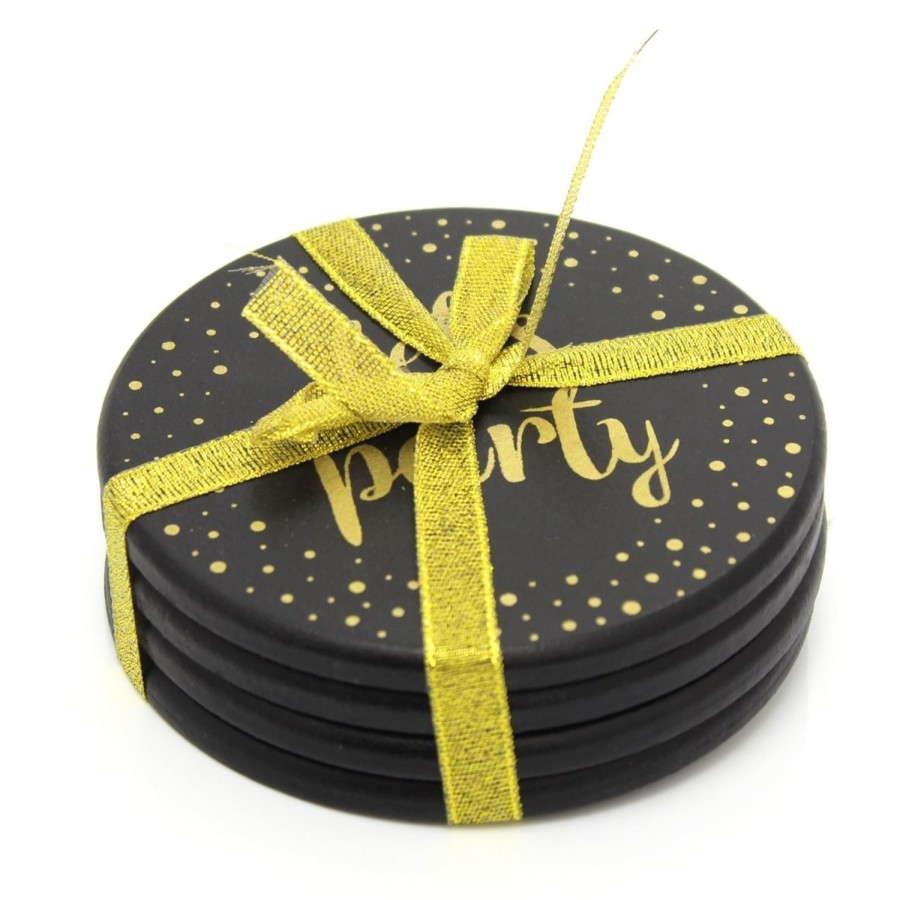 Kitchen & Dining Carousel Shop | Gorgeous Set Of 4 Black And Gold Round Drinks Coasters ~ Cup Mug Table Mats