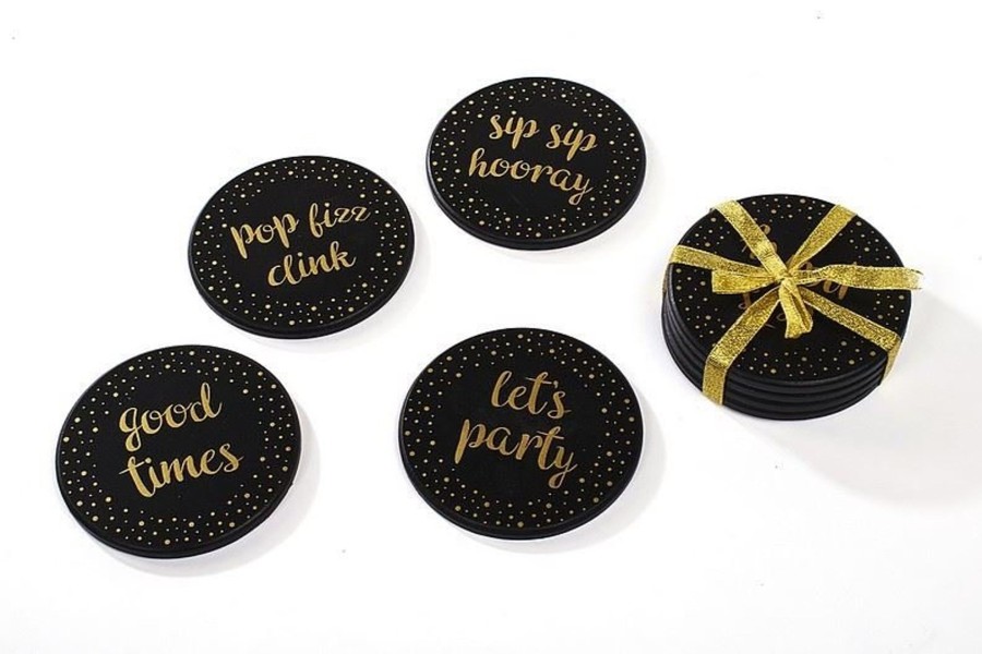 Kitchen & Dining Carousel Shop | Gorgeous Set Of 4 Black And Gold Round Drinks Coasters ~ Cup Mug Table Mats