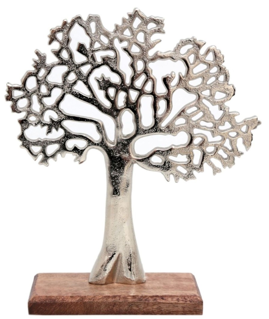 Home Accessories Carousel Shop Ornaments | Silver Metal Tree Decorative Ornament On Wooden Base - Small