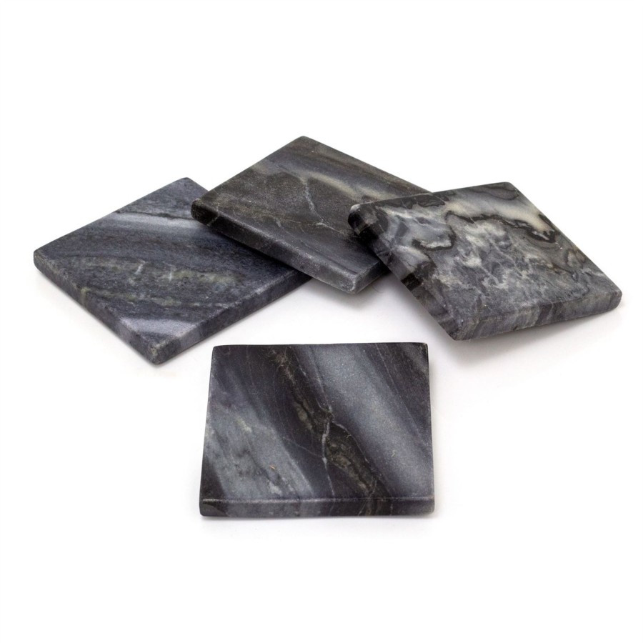 Kitchen & Dining Carousel Shop | Set Of 4 Black Marble Coasters | 4 Piece Square Natural Stone Marble Coaster Set