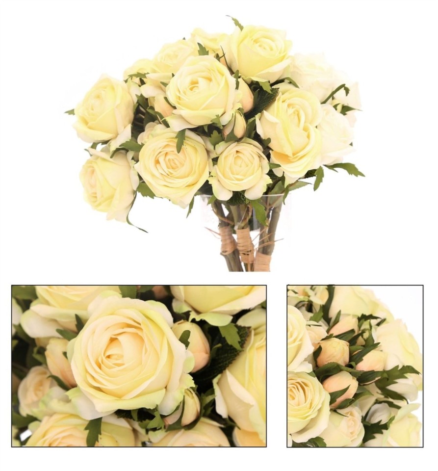 Home Accessories Carousel Shop Vases, Planters & Faux Flowers | Beautiful 3 Head Rose Spray Artificial Flower Bouquet Bunch Bridal Roses ~ Light Yellow