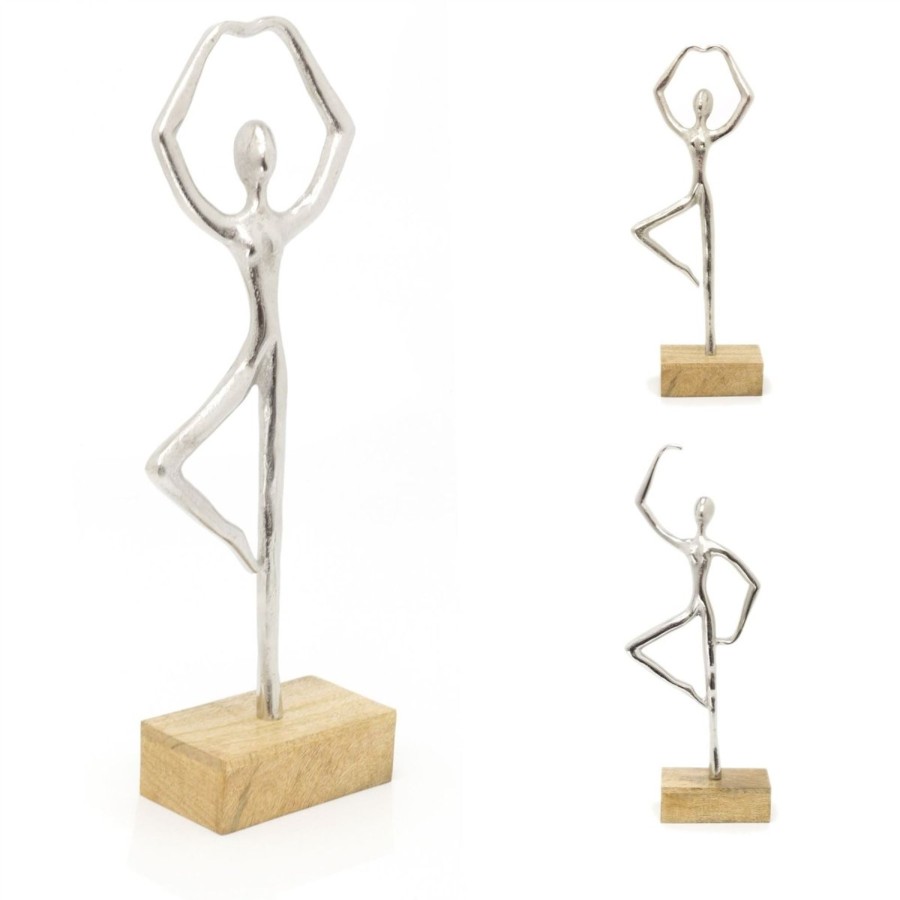 Home Accessories Carousel Shop Ornaments | 46Cm Silver Metal Dancer Ornament On Wood Base | Aluminium Dancing Statue Ballet Dancer Statue | Abstract Ballerina Figurine Dancer Sculpture - Design Varies One Supplied