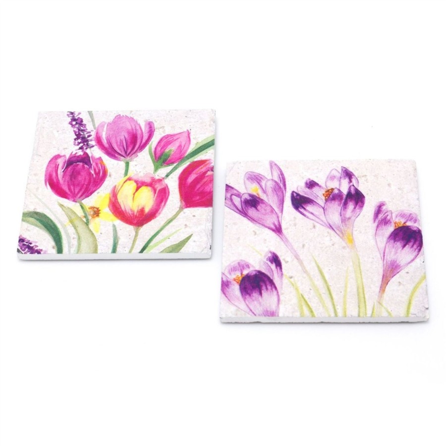 Kitchen & Dining Carousel Shop | Set Of 2 Floral Slate Coasters | Botanical Drinks Coaster Set | Square Cup Mug Table Mats